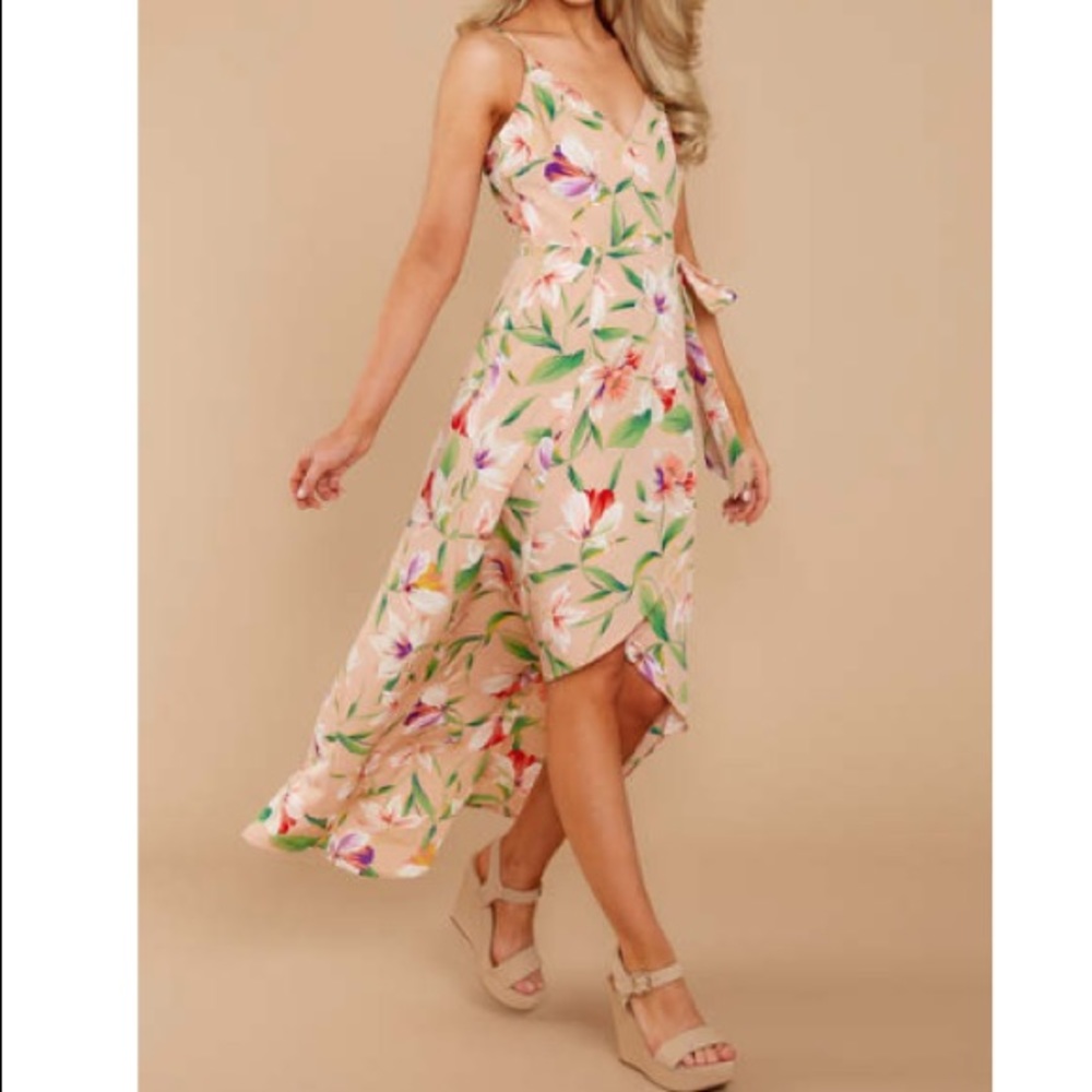 Tan Floral Wrap Dress